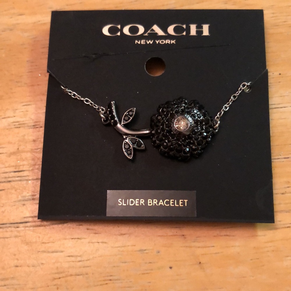 Coach Silver Tone Sparkling Black Daisy Slider Bracelet Crystal Accents NWT - Picture 10 of 11